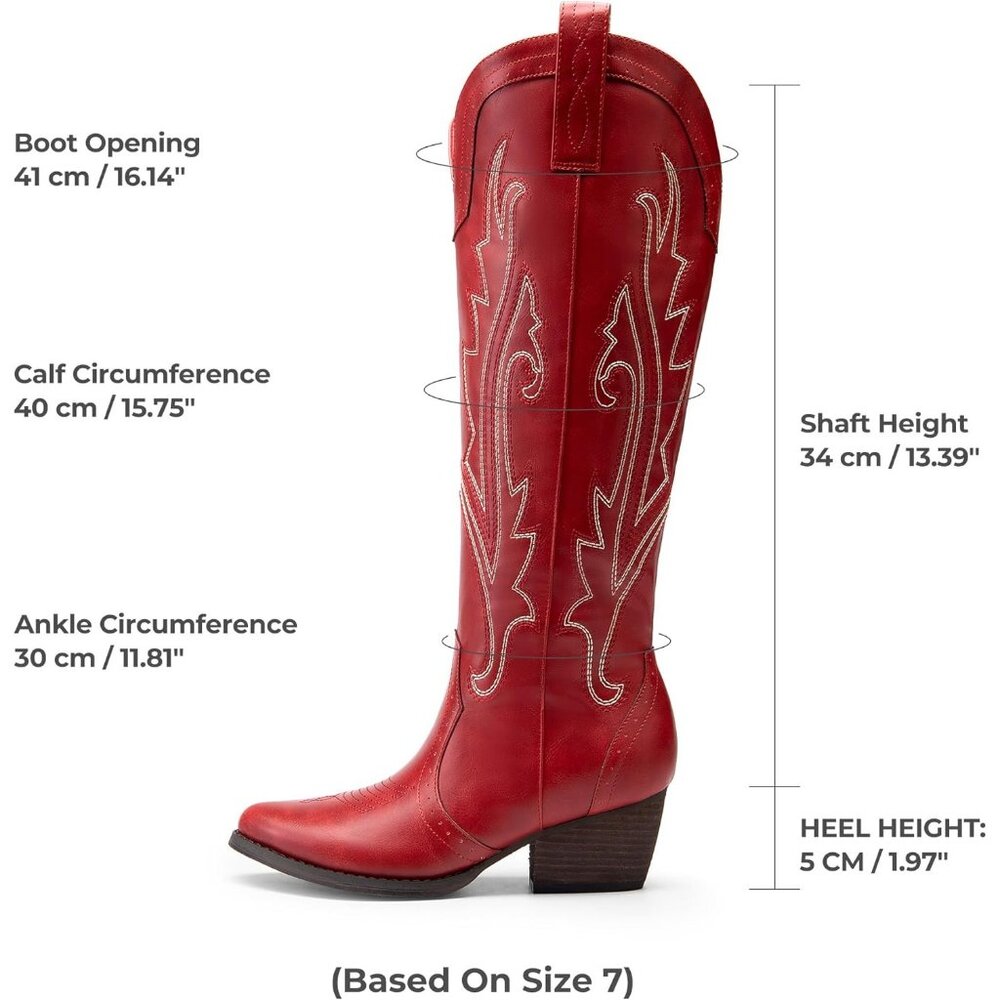 Women's Red Rubber Embroidered Cow Girl Knee High Comfortable Chunky Boots - Picture 5 of 6